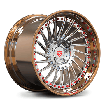 Custom forged 2-piece deep dish wheels in bronze with chrome spokes and red accents, ideal for C7 Corvette aftermarket wheels.